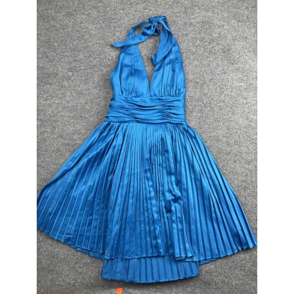 Sean John Dress Womens 8 Blue Satin Halter Pleated Fit &‎ Flare Cocktail Mini